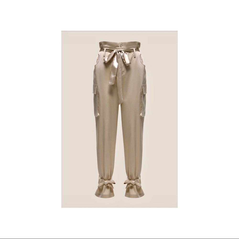 Paper Bag Waist Satin Ankle Tie Pants